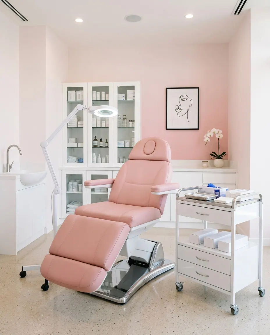 Modern aesthetic treatment room with a pink treatment chair